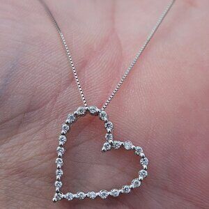 10K White Gold Diamond Heart Pendant with Thin Box Link Chain Necklace 18 inches